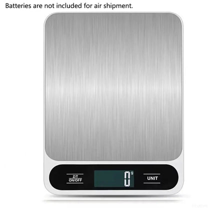 White digital kitchen scale with stainless steel top and clear LCD.