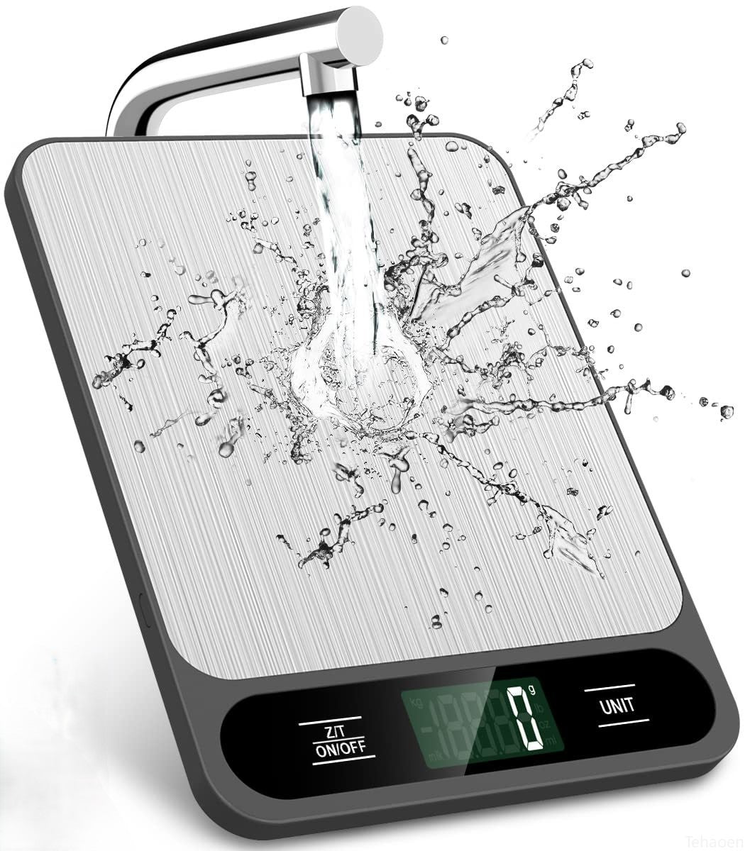Water splashing on stainless steel digital kitchen scale, 10kg/1g accuracy.