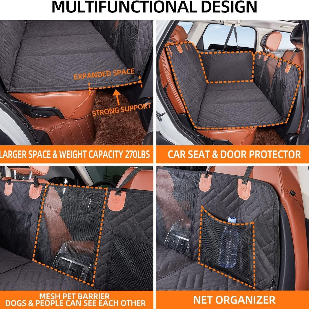 multifunction features of dog car bed cover—expanded space, 270-lb capacity, mesh barrier window, side organizer pocket