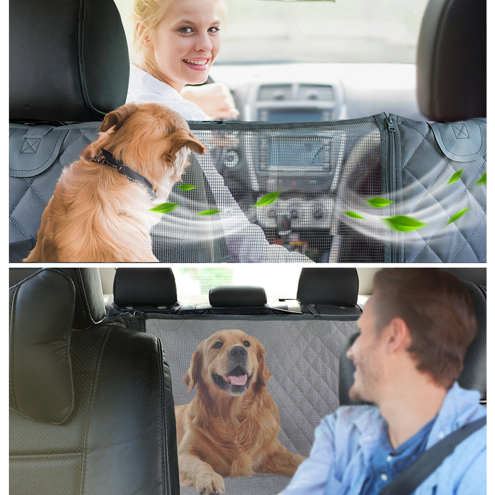 Dog car seat cover with breathable mesh window allowing front-seat visibility and air circulation, shown with happy dogs and smiling drivers