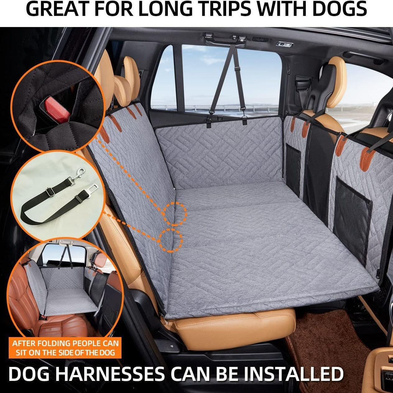 gray dog car seat cover showing seat-belt openings, center support strap, and harness tether option