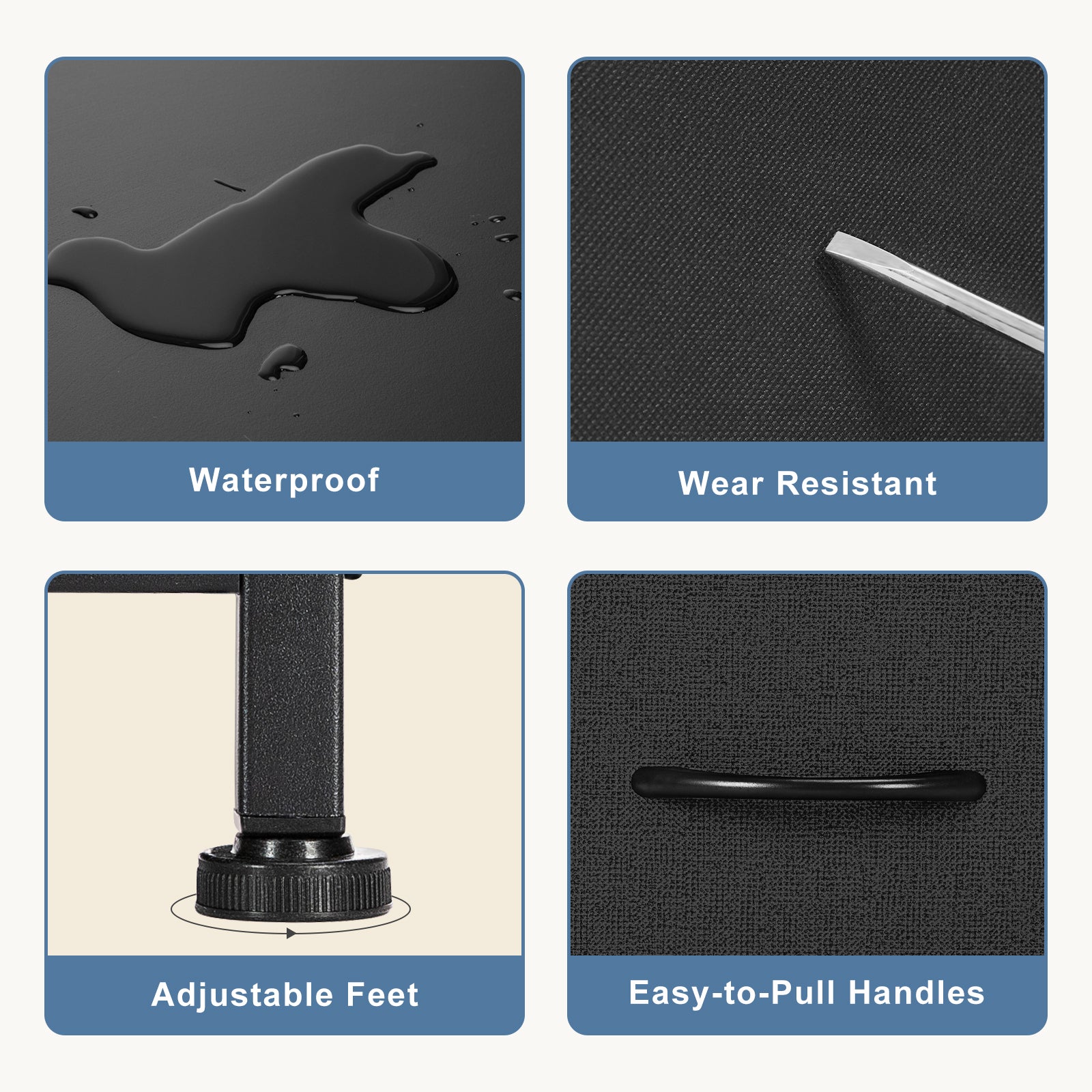 Close-up view of waterproof, wear-resistant dresser top, adjustable metal feet, and easy-to-pull fabric drawer handle