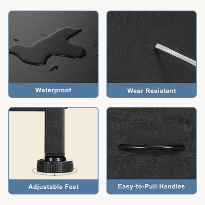 Close-up view of waterproof, wear-resistant dresser top, adjustable metal feet, and easy-to-pull fabric drawer handle