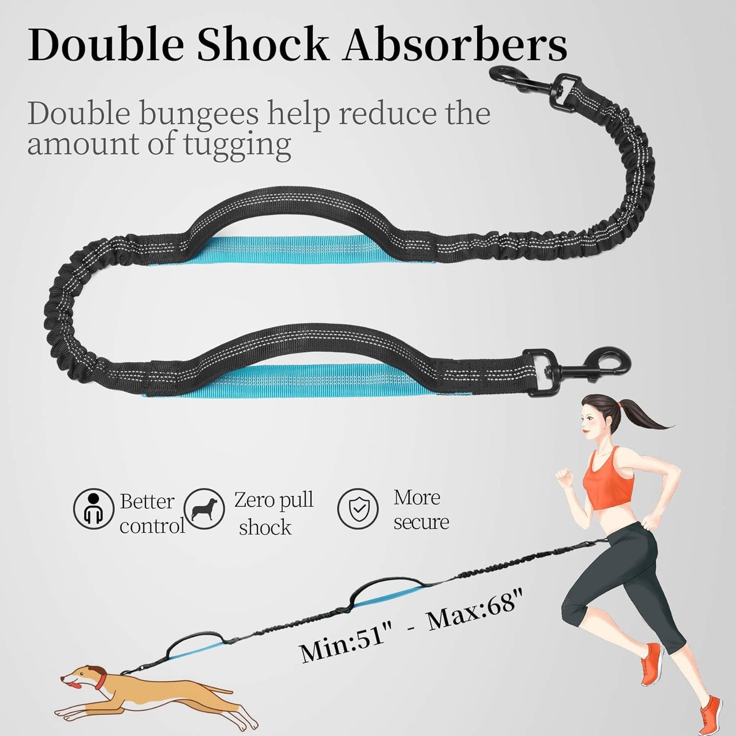 Close-up of dual shock absorbers on hands-free leash for pulling control