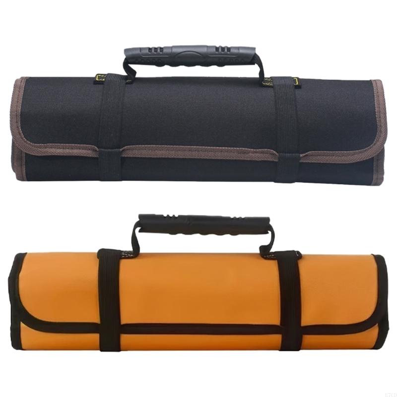 Side-by-side comparison of two tool roll bags: one in black with brown trim, and the other in mustard yellow with black trim. Both are rolled up with visible handles and securing straps for portability.