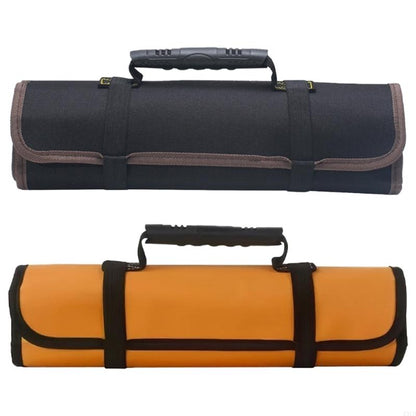 Side-by-side comparison of two tool roll bags: one in black with brown trim, and the other in mustard yellow with black trim. Both are rolled up with visible handles and securing straps for portability.