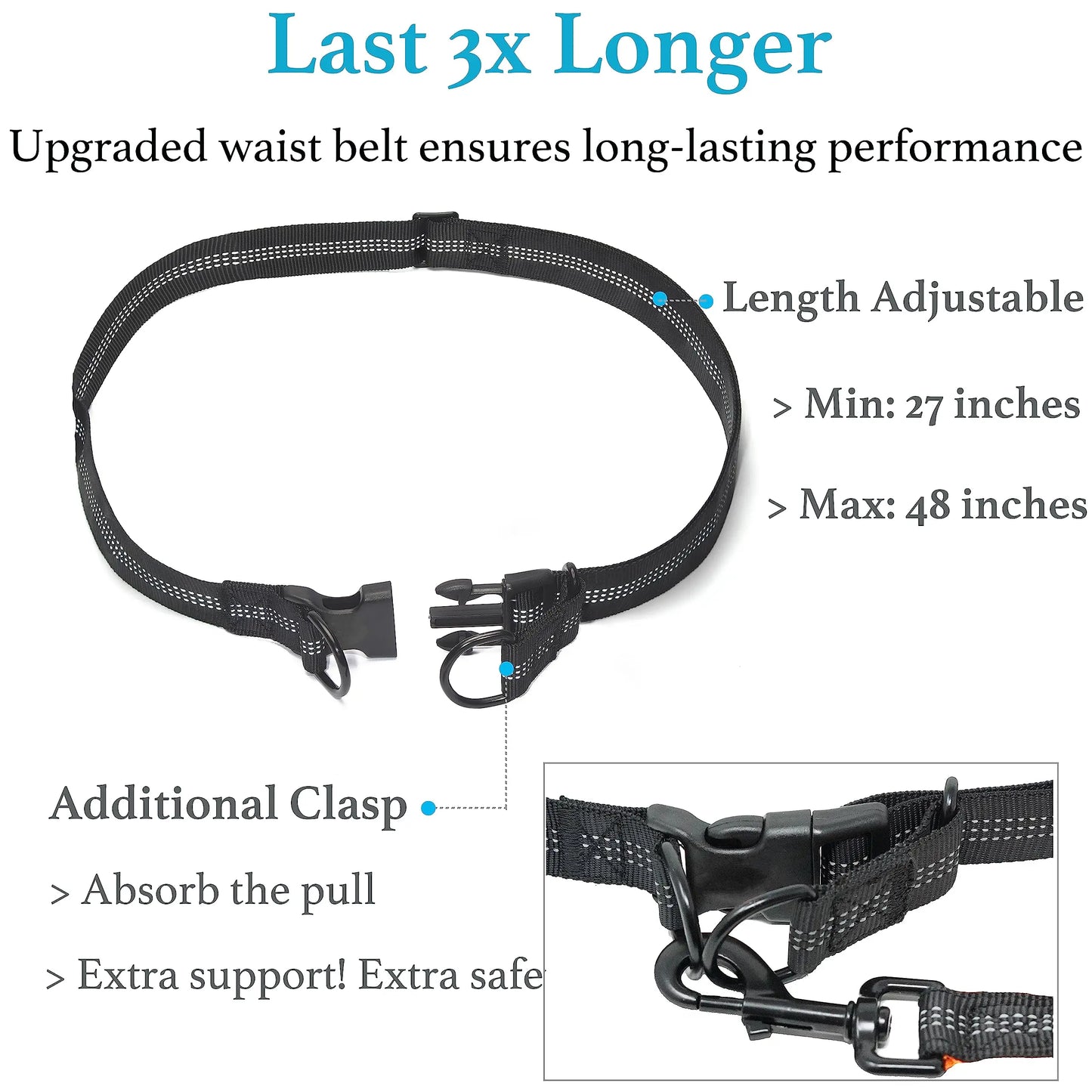 Close-up view of adjustable waist belt for dog leash showing length and extra clasp