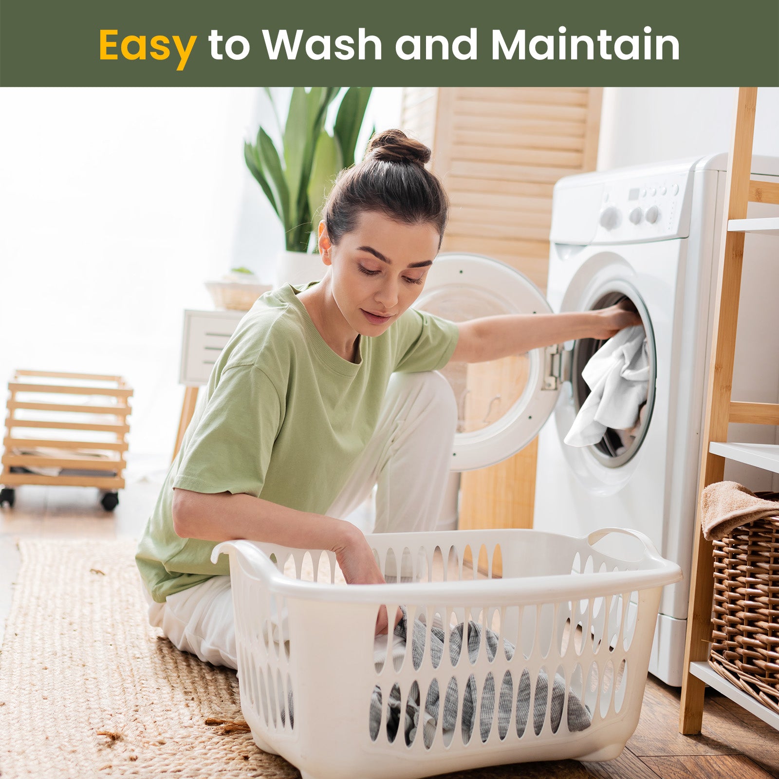 Woman loading Fairpeak waterproof mattress protector into washing machine, demonstrating that it’s easy to wash and maintain.