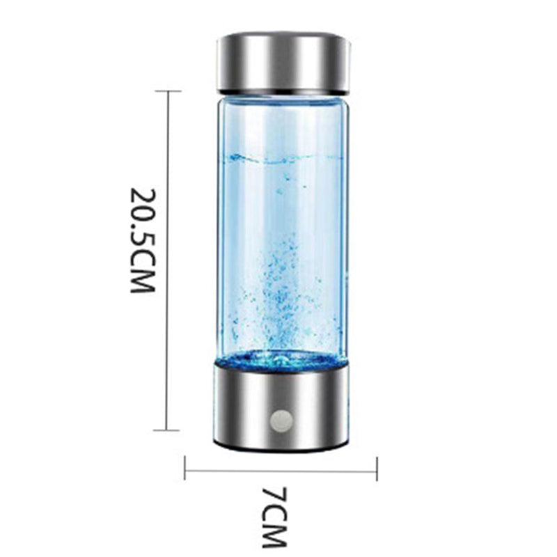 Hydrogen water bottle with bubbling electrolyzed water, featuring stainless steel base and lid; dimensions labeled 20.5 cm height and 7 cm width.