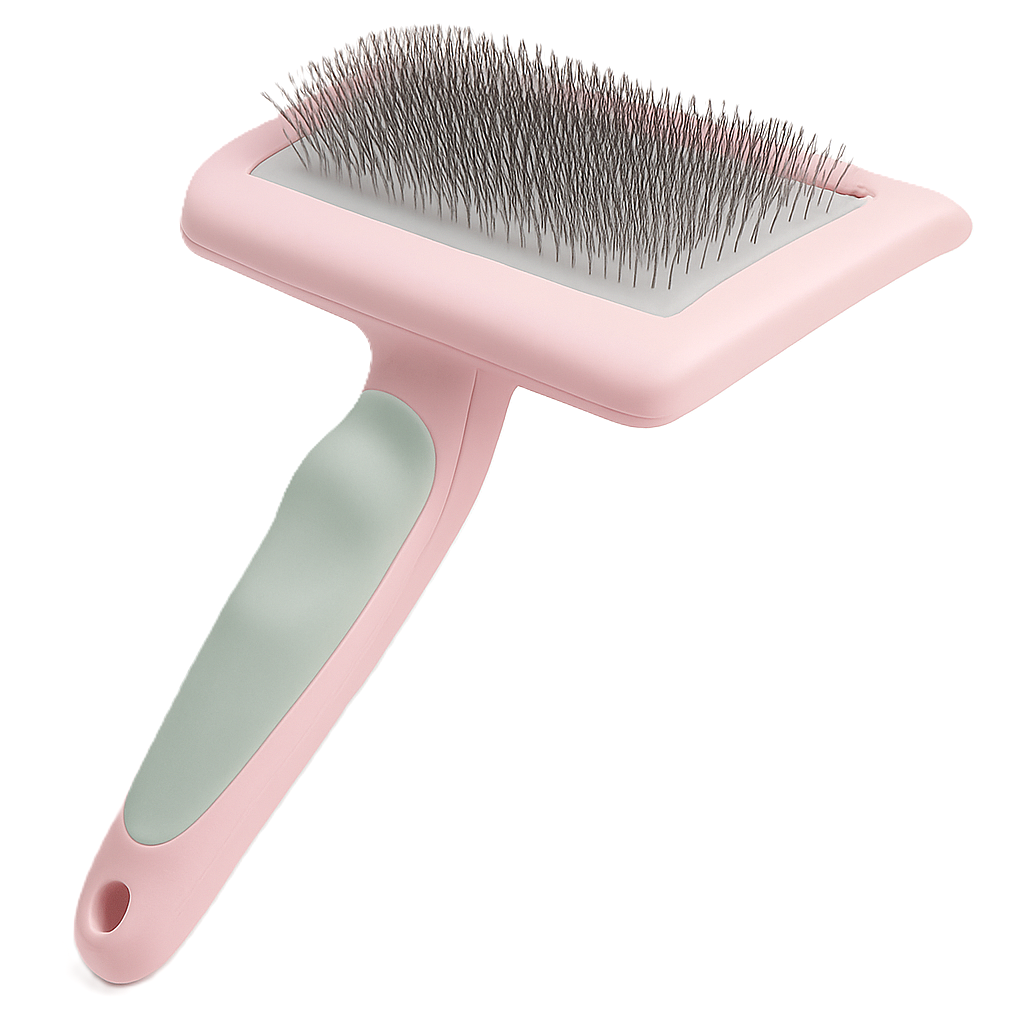 Pink Cat grooming brush with ergonomic green grip on a white background