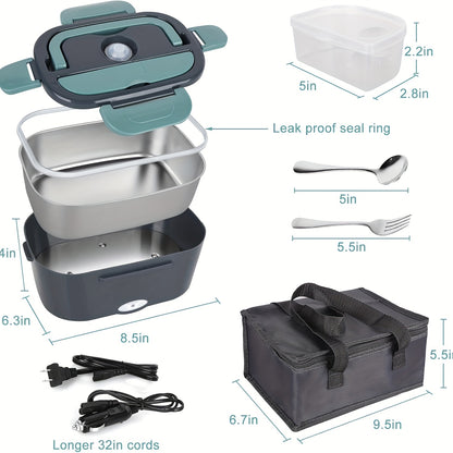 lid with seal ring, 1.5L stainless tray, base, 0.45L plastic box, fork, spoon, power cords, and insulated carry bag with dimensions.