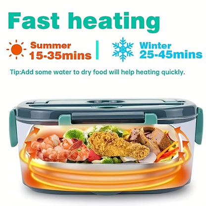 heating coils around food with caption “Fast heating: Summer 15–35 mins, Winter 25–45 mins.”