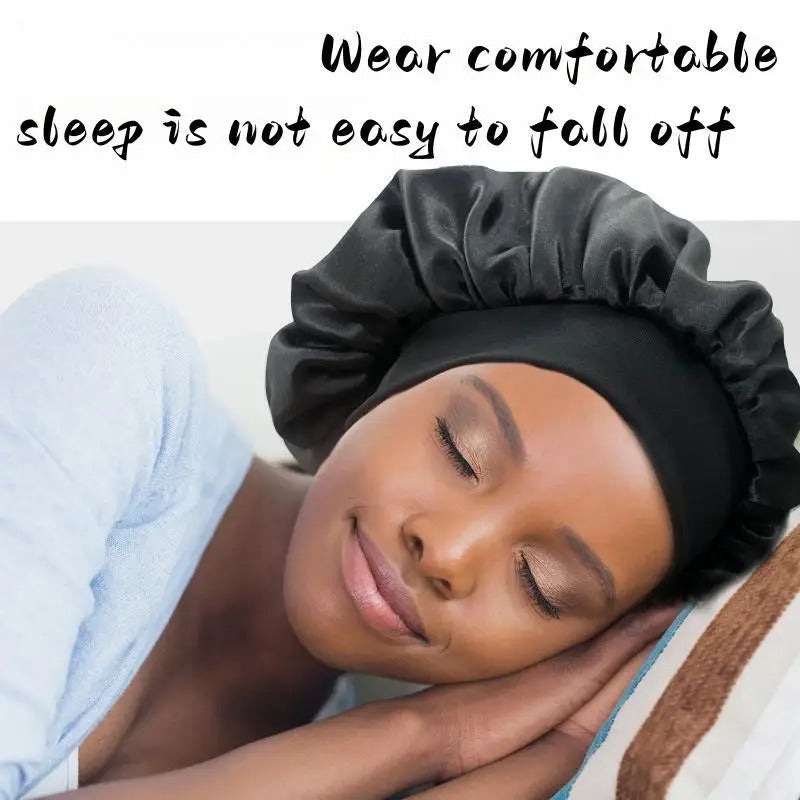 Woman peacefully sleeping on a pillow while wearing a black satin bonnet, with the text  above the image stating 'Wear Comfortable – Sleep is not easy to fall off' displayed above her. 