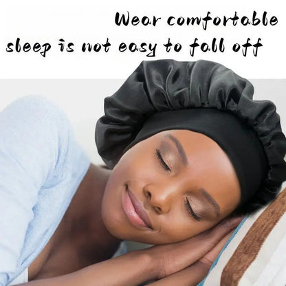 Woman peacefully sleeping on a pillow while wearing a black satin bonnet, with the text  above the image stating 'Wear Comfortable – Sleep is not easy to fall off' displayed above her. 