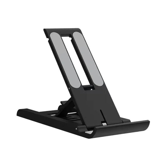 Matte black adjustable phone stand with dual gray silicone grip strips