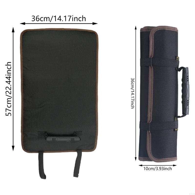 A black tool roll organizer shown in both open and rolled-up states. The open layout displays its full rectangular shape measuring 57cm by 36cm, while the rolled-up view is compact at 36cm by 10cm, featuring a secure handle and buckled straps for portability.