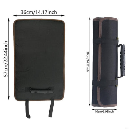 A black tool roll organizer shown in both open and rolled-up states. The open layout displays its full rectangular shape measuring 57cm by 36cm, while the rolled-up view is compact at 36cm by 10cm, featuring a secure handle and buckled straps for portability.