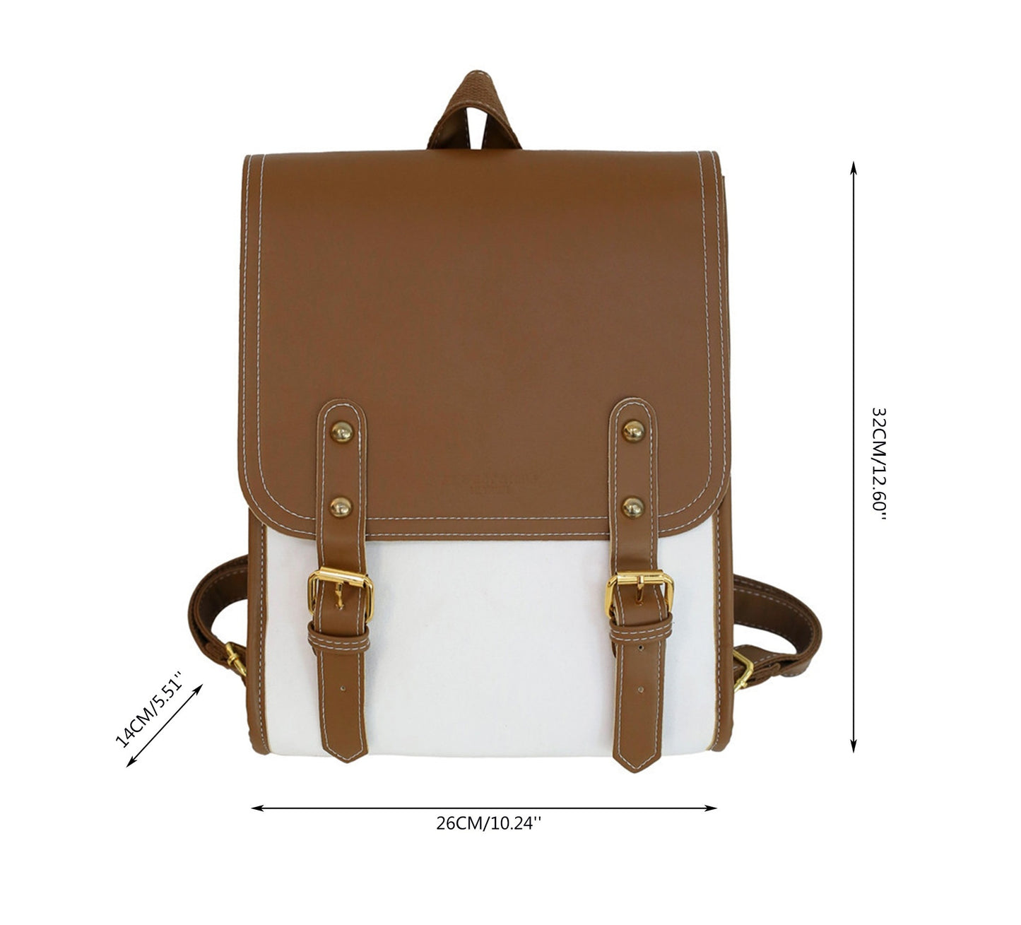 Front view of a brown and white PU leather canvas backpack featuring gold-tone buckle straps and top handle, with visible measurements of height, width, and depth.