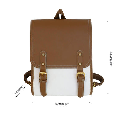 Front view of a brown and white PU leather canvas backpack featuring gold-tone buckle straps and top handle, with visible measurements of height, width, and depth.