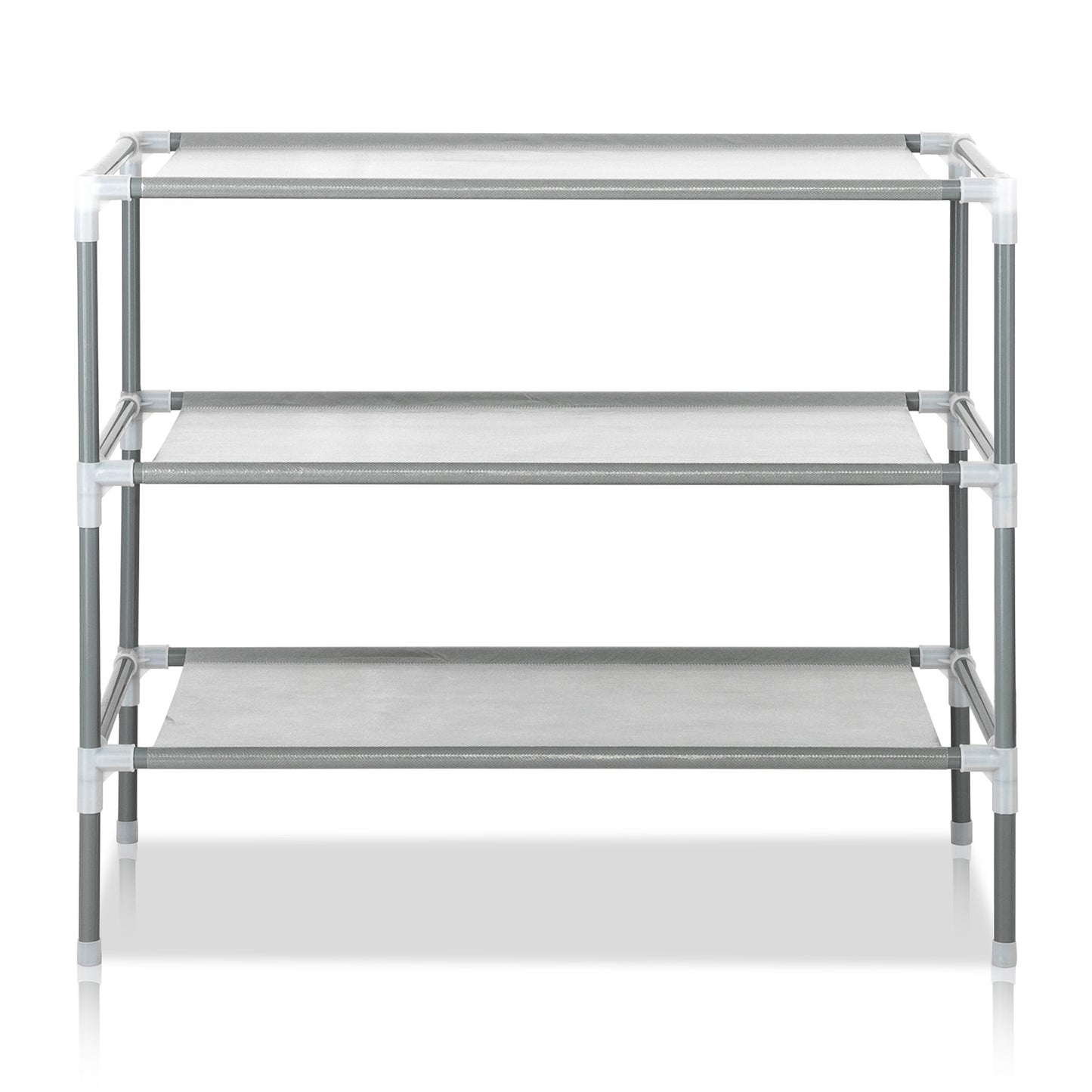 Straight-on front view of the empty 3-tier gray shoe rack, highlighting its structure and storage layout.