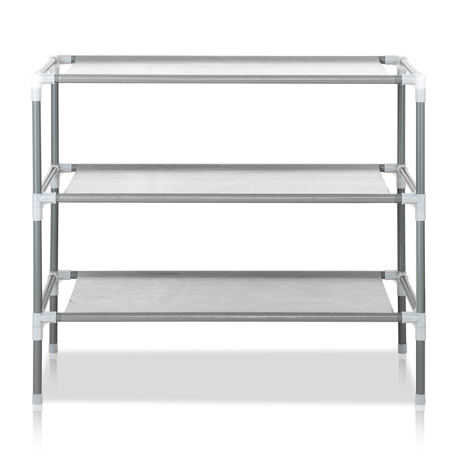 Straight-on front view of the empty 3-tier gray shoe rack, highlighting its structure and storage layout.