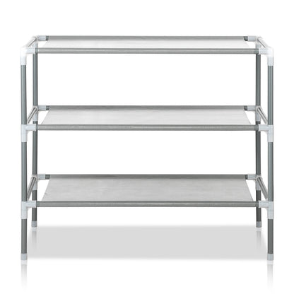 Straight-on front view of the empty 3-tier gray shoe rack, highlighting its structure and storage layout.