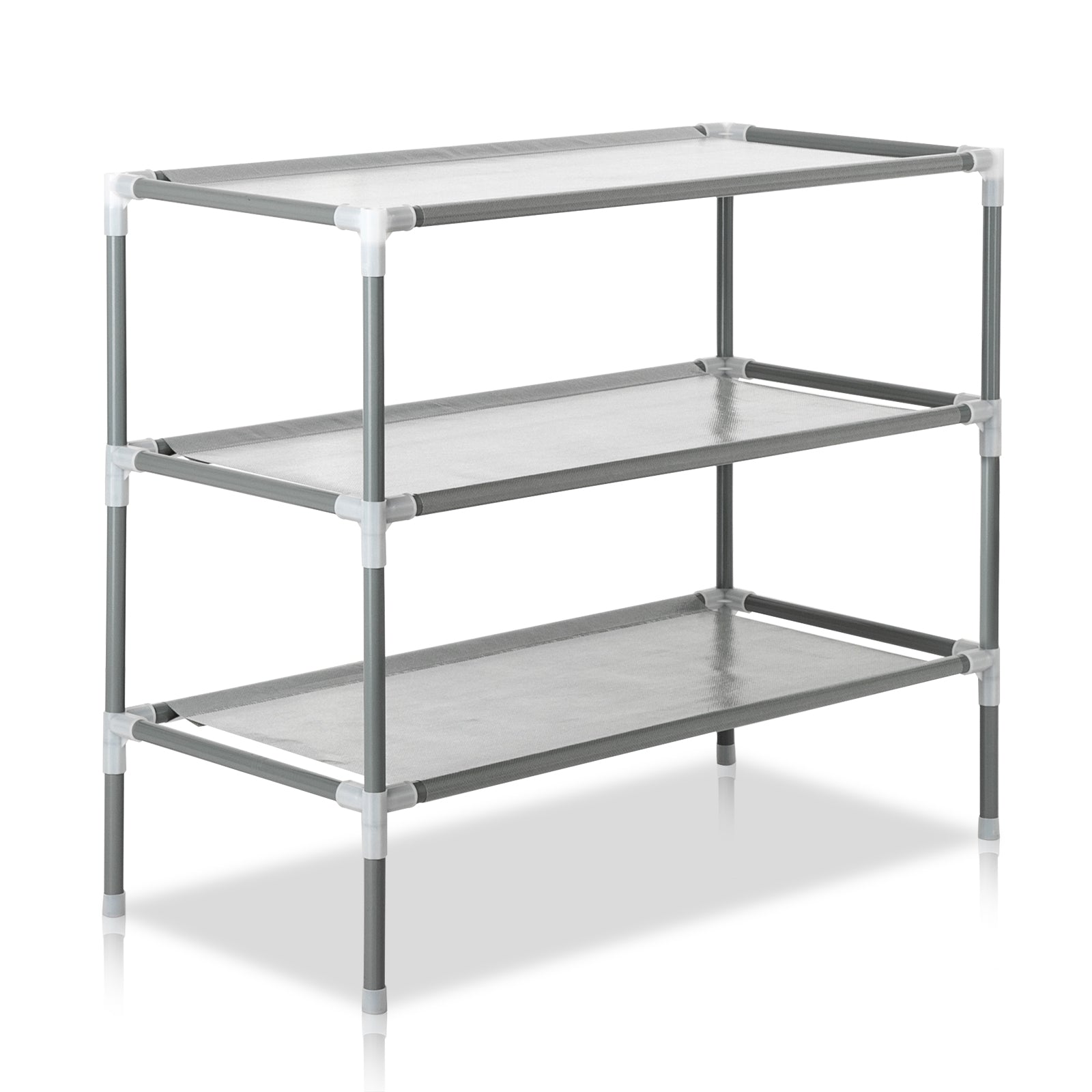 Full angled view of the 3-tier gray shoe rack made from metal pipes, plastic connectors, and fabric shelves.