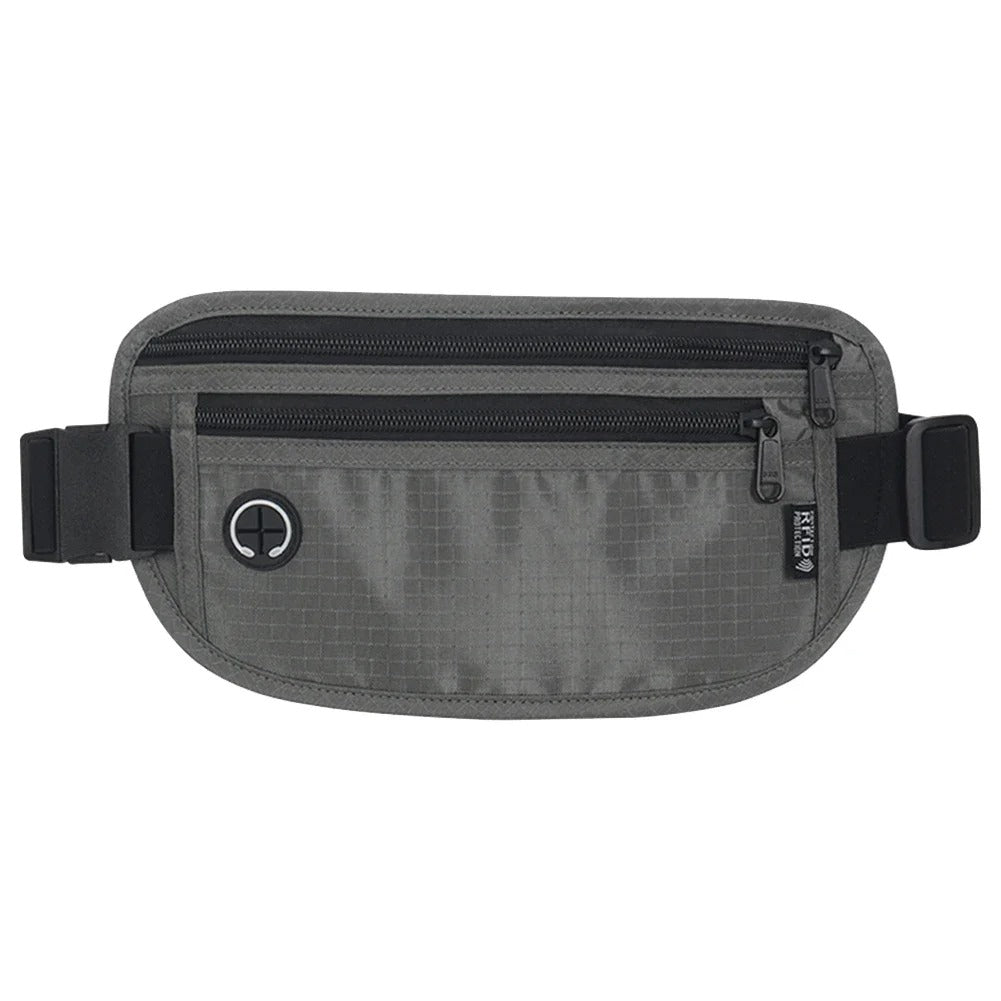Front view of a gray travel waist pack featuring two zippered compartments and a circular headphone outlet, displayed against a white background.