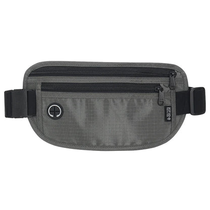 Front view of a gray travel waist pack featuring two zippered compartments and a circular headphone outlet, displayed against a white background.