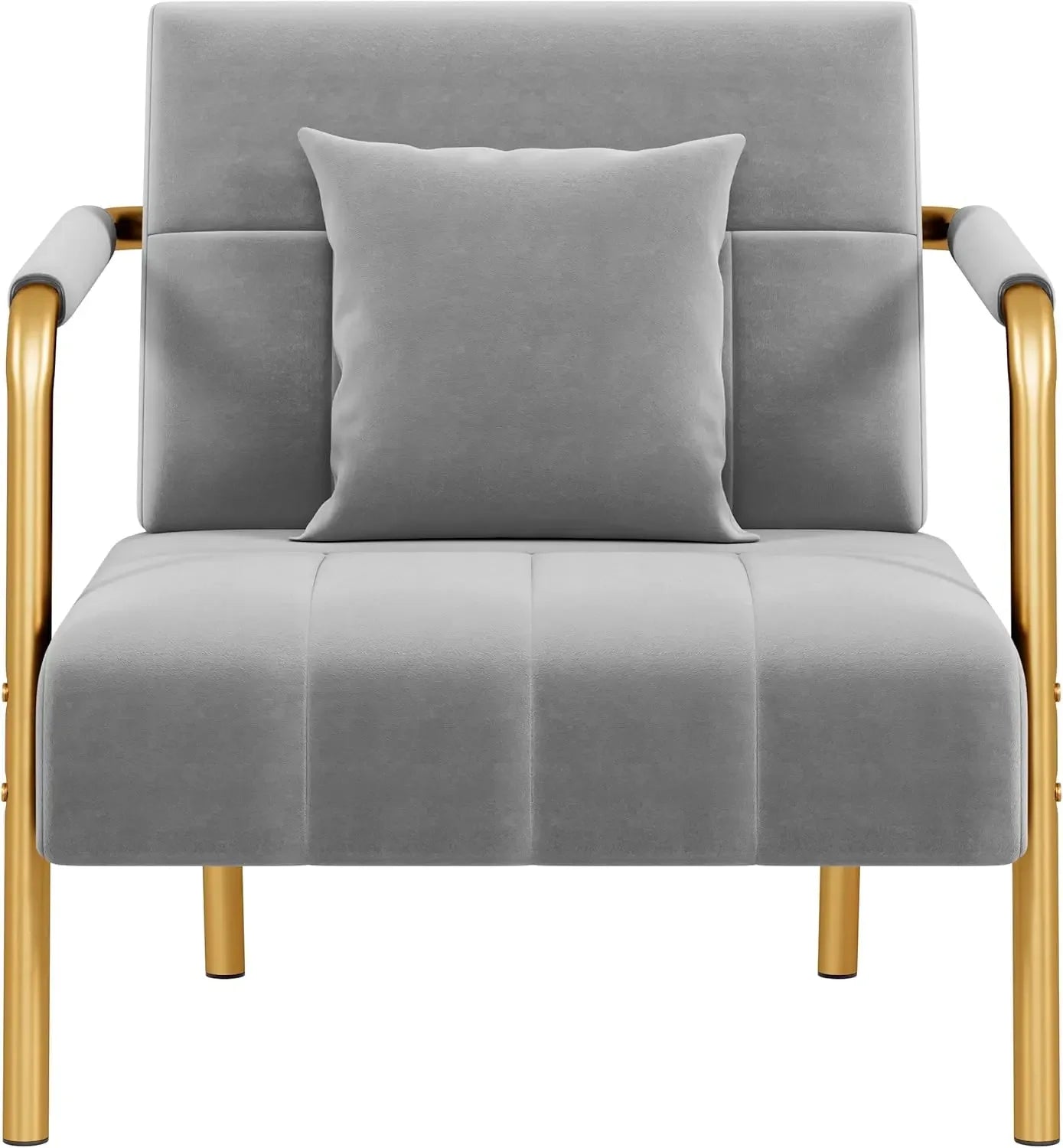 Gray Velvet Accent Chair - Modern Glam Armchair with Gold Frame front view in white background 
