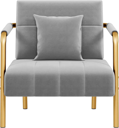 Gray Velvet Accent Chair - Modern Glam Armchair with Gold Frame front view in white background 