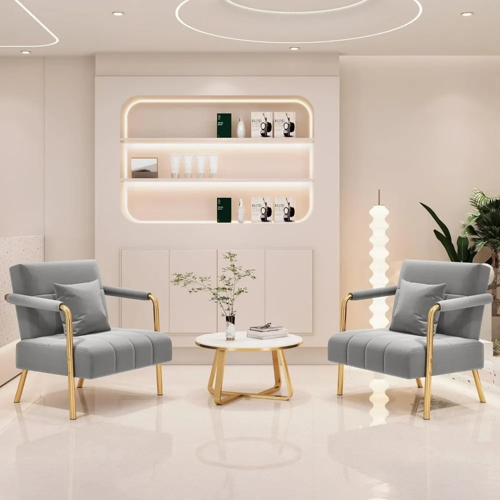Gray Velvet Accent Chair - Modern Glam Armchair with Gold Frame in white tile living room 