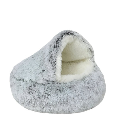 Gray Round plush cat bed with a 2-in-1 covered nest design for small dogs and cats. Soft, cozy, and perfect for comfort and warmth.