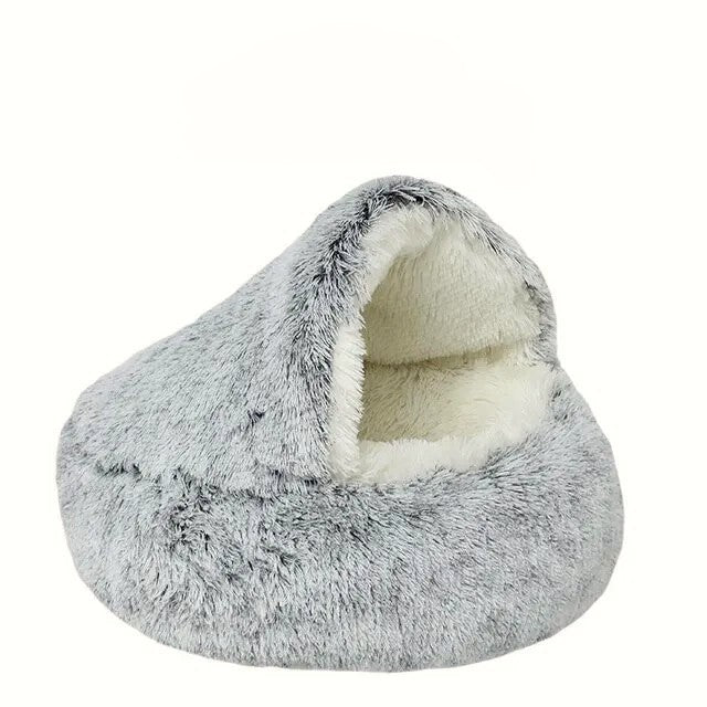 Gray Round plush cat bed with a 2-in-1 covered nest design for small dogs and cats. Soft, cozy, and perfect for comfort and warmth.