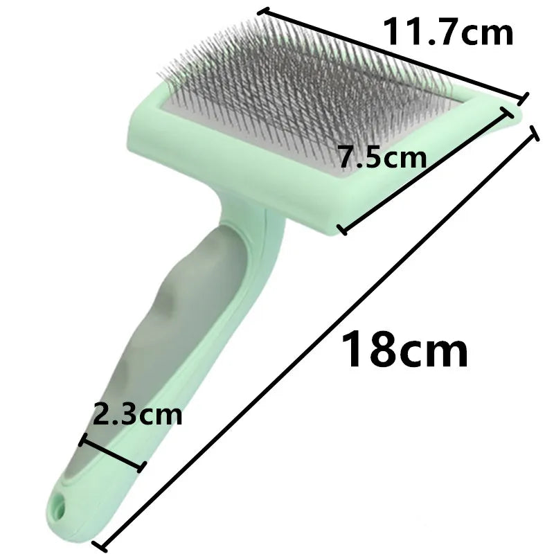 Green pet slicker brush with measurement labels highlighting width, length, and handle thickness