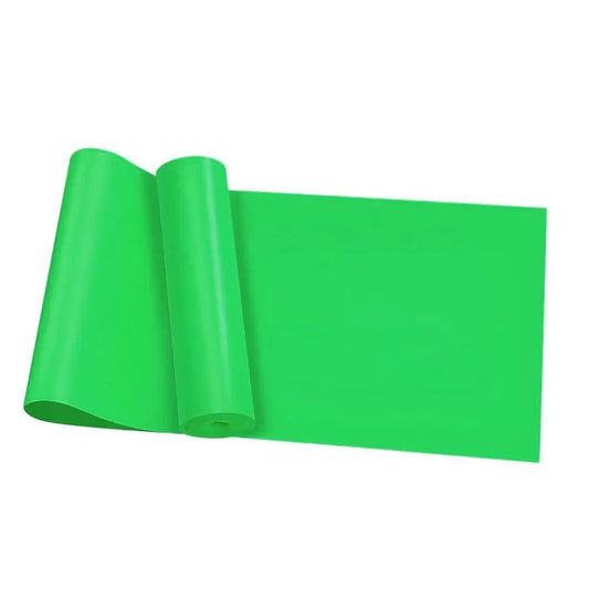 Green Resistance Band – Flat Latex Material for Stretching and Exercise. A vivid purple latex yoga resistance band partially unrolled on a white background. The band has a glossy, flexible texture and is shown in a relaxed state. Its smooth, uncreased surface and rolled edge suggest it's new and unused, ideal for stretching, physical therapy, or low-impact workouts.