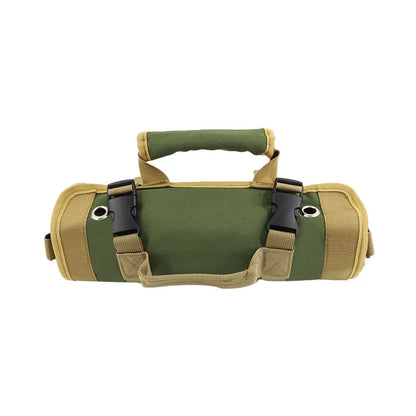 Olive green and khaki tool roll organizer in a rolled-up form with reinforced handle and adjustable straps for compact storage and portability.
