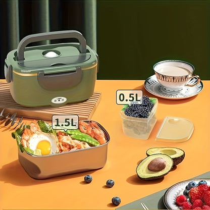 electric lunch box shown with 1.5L stainless inner tray and 0.5L side container, berries and avocado nearby.