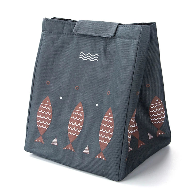 Dark grey insulated lunch bag with brown fish design.