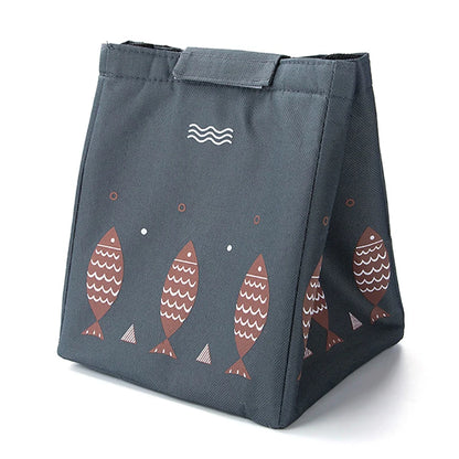 Dark grey insulated lunch bag with brown fish design.