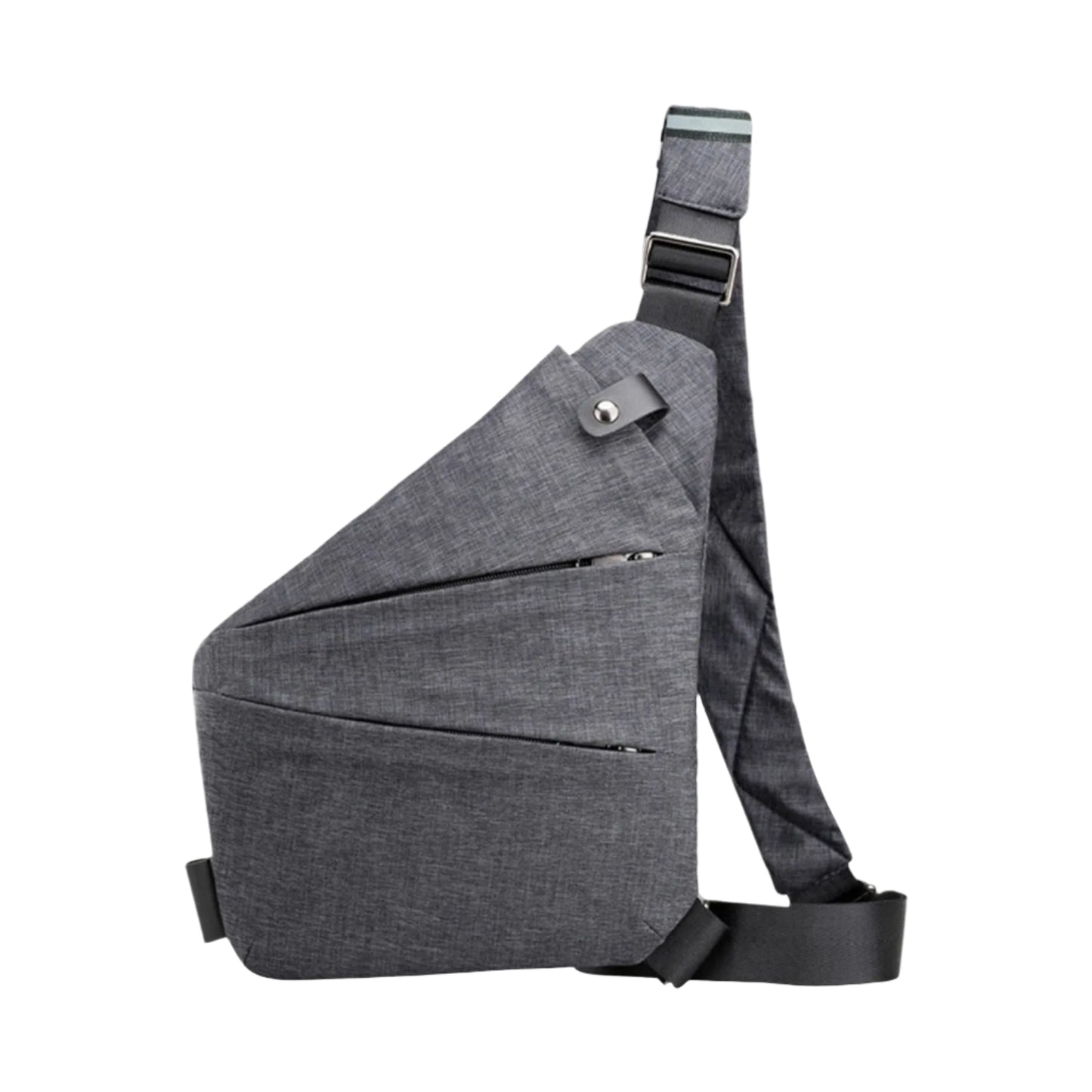 Grey crossbody chest bag with zipper pockets and shoulder strap on white background