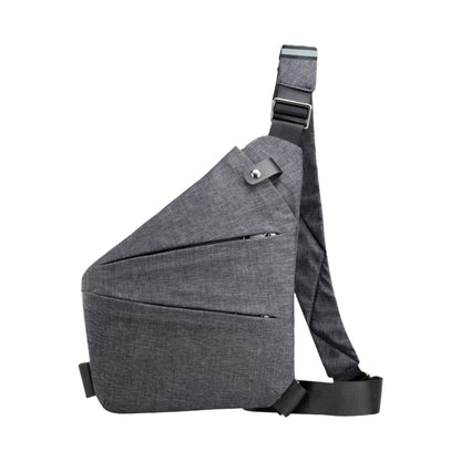 Grey crossbody chest bag with zipper pockets and shoulder strap on white background