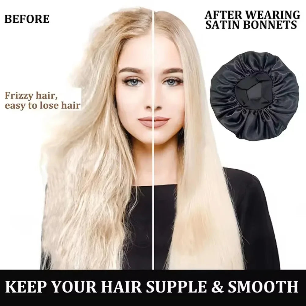 Before and after comparison of a white woman with long blonde hair, showing frizzy hair on the left and smooth, straight hair on the right after using a satin bonnet.