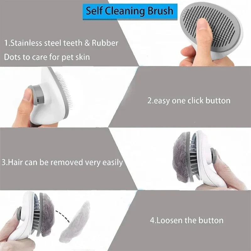 Four-step guide showing how to use the self-cleaning pet brush: press the button, collect fur, release fur, and reset. Demonstrated using the gray brush.