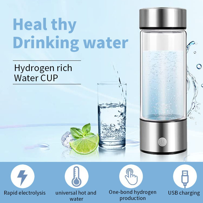 Promotional layout for hydrogen-rich water cup showing bubbling water bottle, glass of water, lime slices, and icons for electrolysis, hot/cold compatibility, one-touch operation, and USB charging.