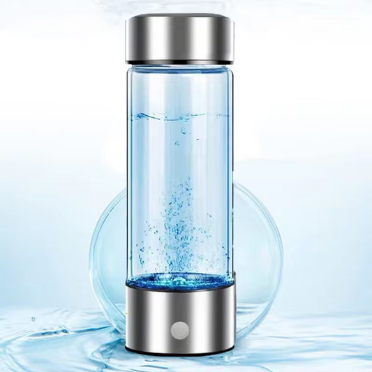 hydrogen-rich water bottle with blue electrolyzed water, stainless steel accents, and soft gradient water splash background.