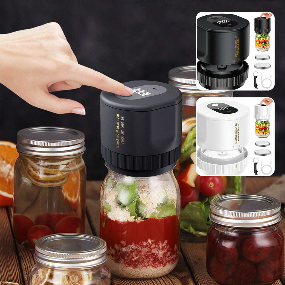 Electric sealer in use on a jar of sauce with collage showing black and white kits and accessories
