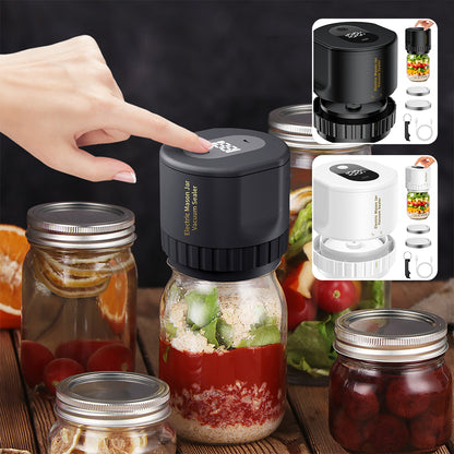 Electric sealer in use on a jar of sauce with collage showing black and white kits and accessories