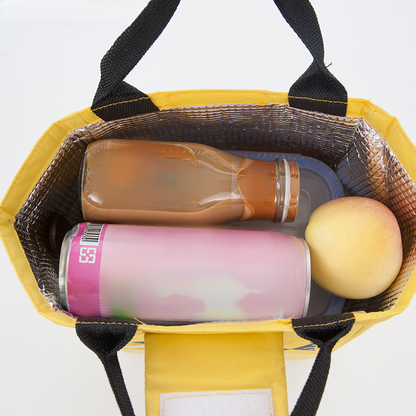 Top view of an insulated Yellow lunch bag filled with a drink bottle, soda can, and fruit in a white background. 