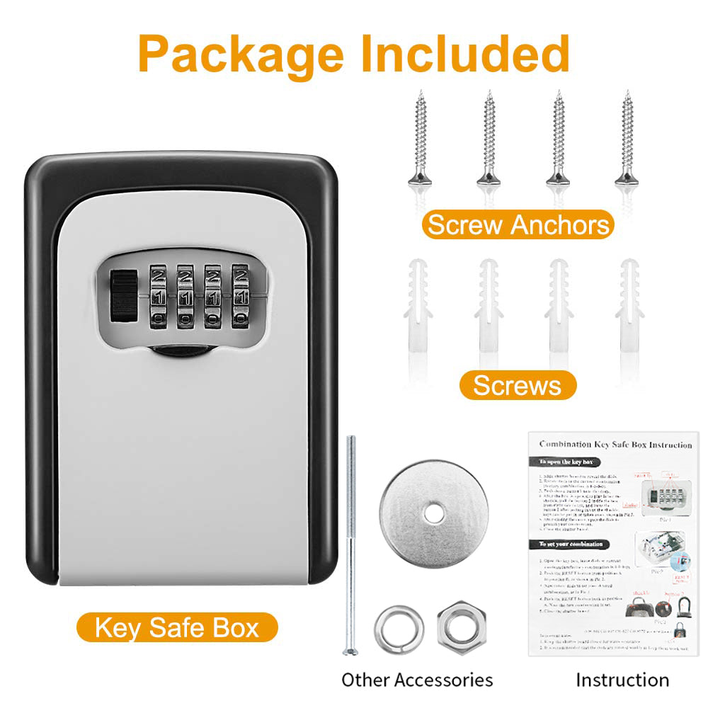 Flat-lay image displaying the entire product package: key lock box, screws, wall anchors, washer, bolts, and user manual, each labeled for clarity.	